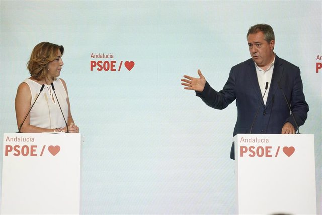 Rueda de prensa conjunta de la secretaria general del PSOE-A, Susana Díaz, y el candidato del PSOE-A a la Presidencia de la Junta, Juan Espadas, en la sede regional del partido