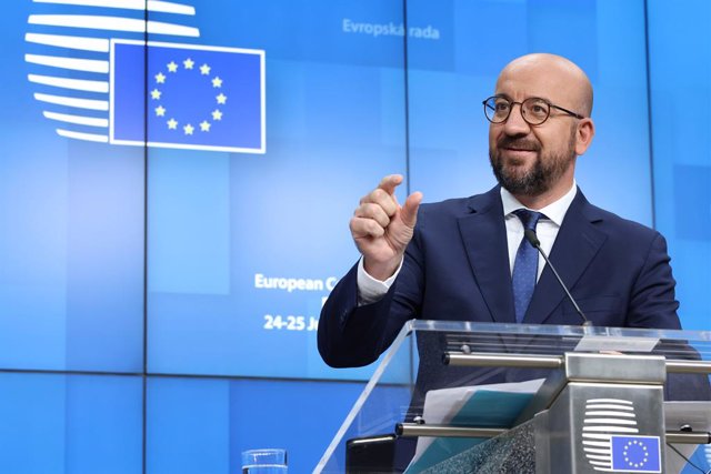 HANDOUT - 25 June 2021, Belgium, Brussels: President of the European Council Charles Michel speaks during a press conference after a two-days European Union summit at the European Council. Photo: Dario Pignatelli/European Council/dpa - ATTENTION: editor