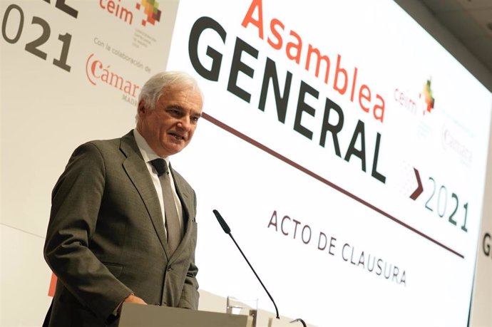 Miguel Garrido, presidente de CEIM, en una imagen de archivo durante la Asamblea General de la patronal madrileña 2021