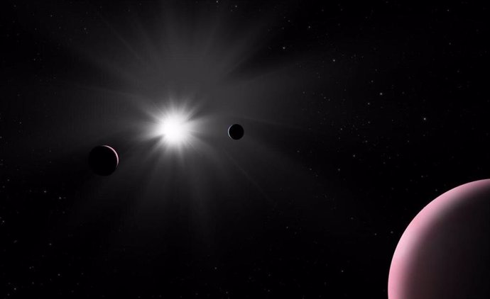La impresión de este artista muestra el sistema planetario Nu2 Lupi, que fue explorado recientemente por el observador de exoplanetas de la ESA, Cheops.