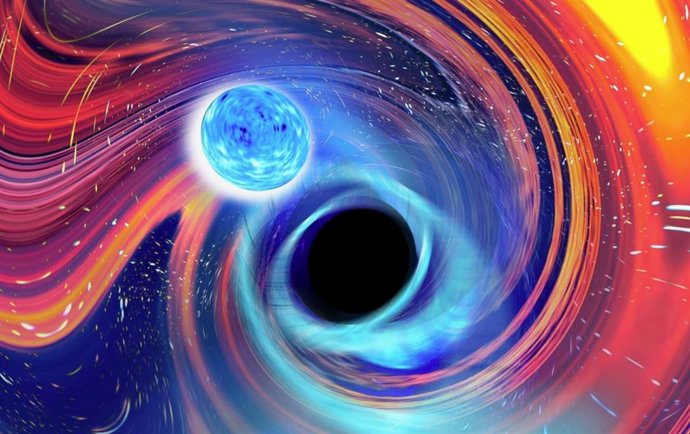 Una imagen artística inspirada en un evento de fusión de estrellas de neutrones y agujero negro