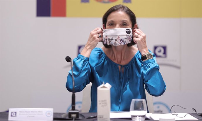 La ministra de Industria, Comercio y Turismo, Reyes Maroto, en el acto de la XIV Edición de la Entrega de Banderas Q de Calidad Turística y Safe Tourism Certified a las playas y puertos deportivos españoles.