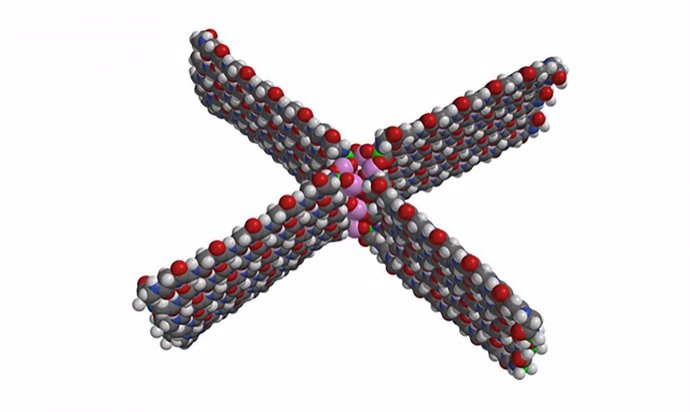 Tres capas de polímero unido por hidrógeno. Cada capa tiene cuatro varillas de polímero unidas en un vértice central. Los átomos se colorean de la siguiente manera: blanco hidrógeno, negro carbón, azul nitrógeno, rojo oxígeno, rosa silicio y verde hierro