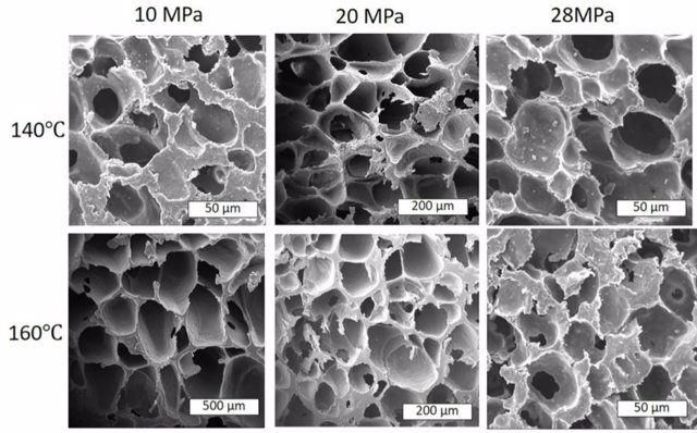 Estructura de espuma para diversas temperaturas y presiones. Las espumas más voluminosas tienen las bolsas de aire más grandes y son buenas para dispositivos de flotación.