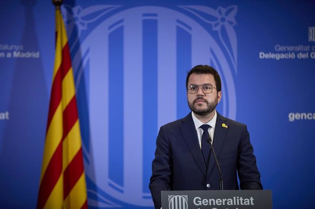 El president de la Generalitat catalana, Pere Aragonès ofrece una rueda de prensa en la librería Blanquerna tras la reunión mantenida con el presidente del Gobierno, a 29 de junio de 2021, en Madrid (España). Ambos mandatarios se han reunido hoy por prime