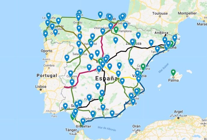 Mapa del posible despliegue de hidrogeneras en España.