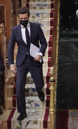 El líder del PP, Pablo Casado, en el Pleno del Congreso que debate sobre los indultos a los condenados por el 'procés'. En Madrid, a 30 de junio de 2021, en Madrid, (España). 