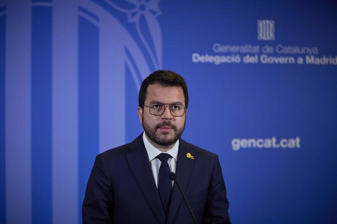 El president de la Generalitat catalana, Pere Aragons ofrece una rueda de prensa en la librería Blanquerna tras la reunión mantenida con el presidente del Gobierno, a 29 de junio de 2021, en Madrid (España). Ambos mandatarios se han reunido hoy por pri