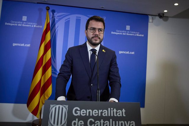 El president de la Generalitat catalana, Pere Aragons ofrece una rueda de prensa en la librería Blanquerna tras la reunión mantenida con el presidente del Gobierno, a 29 de junio de 2021, en Madrid (España). 