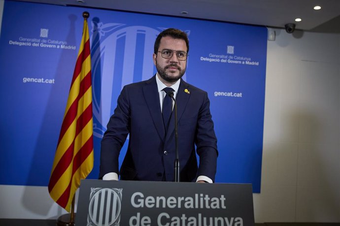 El president de la Generalitat catalana, Pere Aragons ofrece una rueda de prensa en la librería Blanquerna tras la reunión mantenida con el presidente del Gobierno, a 29 de junio de 2021, en Madrid (España). Ambos mandatarios se han reunido hoy por pri