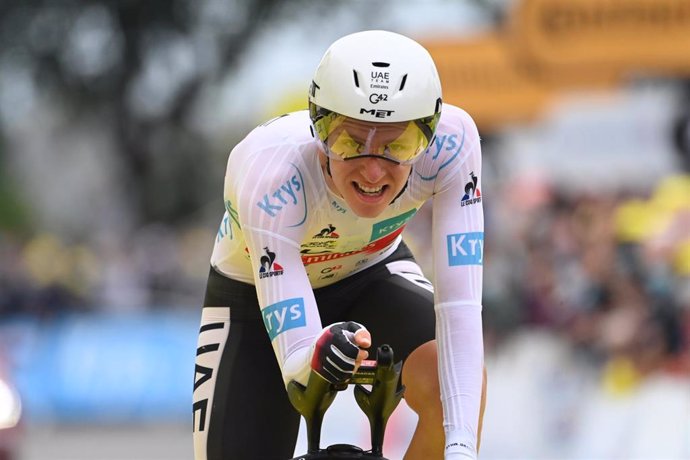 Slovenian cyclist Tadej Pogacar of UAE Team Emirates crosses the finish line of the fifth stage of the 108th edition of the Tour de France cycling race, a 150.4 km individual time trial from Change to Laval