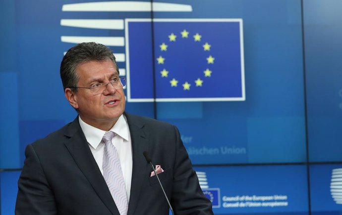 Archivo - HANDOUT - 23 March 2021, Belgium, Brussels: EU Commission Vice President Maros Sefcovic speaks during a press conference following an Informal Video conference of European Affairs Ministers in Brussels. Photo: Mario Salerno/European Council/dp