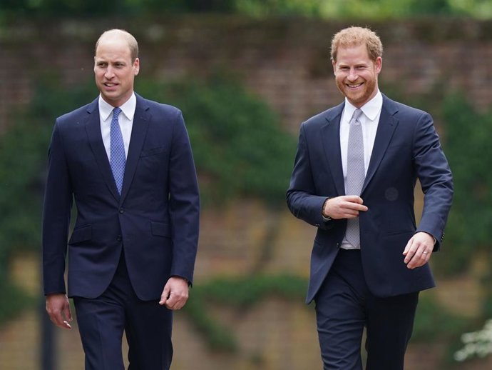 Prince William, Duke Of Cambridge (Left) And Prince Harry, Duke Of Sussex Arrive For The Unveiling Of A Statue They Commissioned Of Their Mother Diana, Princess Of Wales, In The Sunken Garden At Kensington Palace