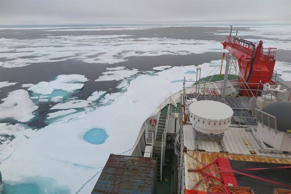 Esta foto del hielo marino en el mar de Wandel al norte de Groenlandia fue tomada el 16 de agosto de 2020 del rompehielos alemán Polarstern, que pasó por el área como parte de la Expedición MOSAiC de un año de duración.