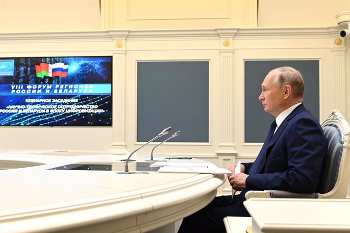HANDOUT - 01 July 2021, Russia, Moscow: Russian President Vladimir Putin takes part in a the eighth Forum of Russian and Belarusian Regions via videoconference. Photo: -/Kremlin/dpa - ATTENTION: editorial use only and only if the credit mentioned above 