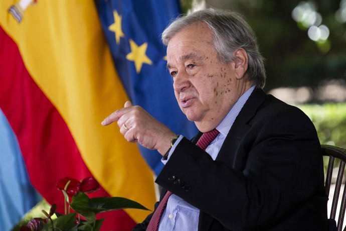 El secretario general de Naciones Unidas, Antonio Guterres, participa en el panel de "Acción climática para una recuperación verde", a 2 de julio de 2021, en el Palacio de Zurbano, Madrid, (España).