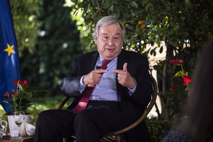 El secretario general de Naciones Unidas, Antonio Guterres, participa en el panel de "Acción climática para una recuperación verde", a 2 de julio de 2021, en el Palacio de Zurbano, Madrid, (España).