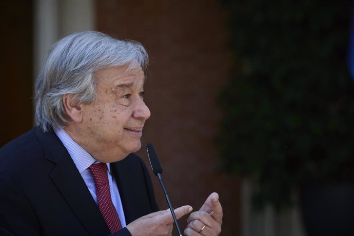 El secretario general de Naciones Unidas, Antonio Guterres, interviene en una rueda de prensa posterior a una reunión con el presidente del Gobierno, 2 de julio de 2021, en el Palacio de La Moncloa, Madrid. (España). El encuentro entre ambos mandatarios
