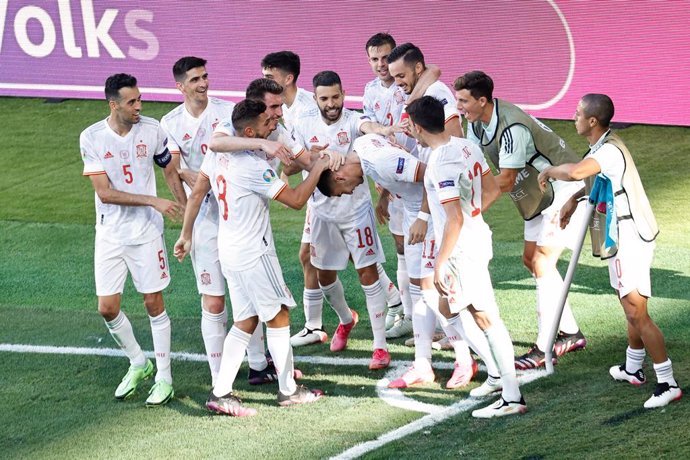 Ferran Torres of Spain celebrates a goal with teammates during the UEFA EURO 2020 Group E football match between Slovakia and Spain at La Cartuja stadium on June 23, 2021 in Seville, Spain.