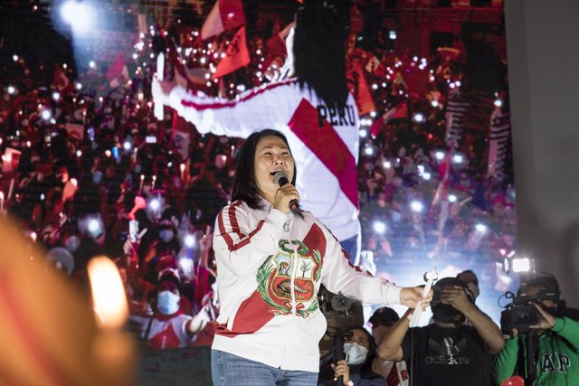 26 June 2021, Peru, Lima: Right-wing populist presidential candidate Keiko Fujimori delivers a speech to her supporters. Photo: Adrian Portugal/dpa