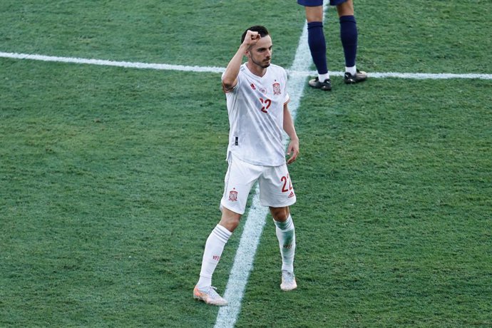 Pablo Sarabia of Spain celebrates a goal during the UEFA EURO 2020 Group E football match between Slovakia and Spain at La Cartuja stadium on June 23, 2021 in Seville, Spain.