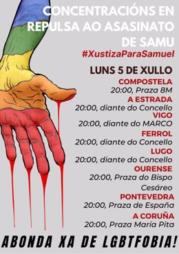 Cartel de las manifestaciones convocadas para el lunes 5 de junio en repulsa de la muerte de un joven de 24 años a causa de una paliza en A Coruña.