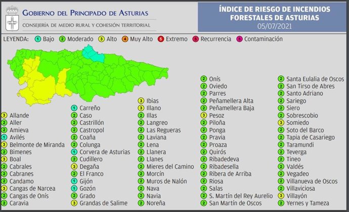 Mapa de riesgo de incendio forestal por municpios.