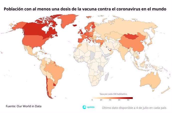 Población con al menos una dosis de la vacuna contra el coronavirus en el mundo por cada 100 habitantes