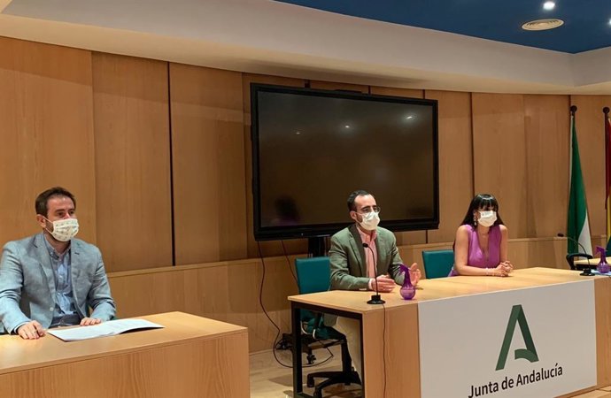 El delegado de Empleo, Ángel Herrador (centro), acompañado de la Secretaria General de Empleo, María Carmen Martínez, y el director del Centro de Prevención de Riesgos Labroales, José Antonio Leiva, durante la comisión provincial.