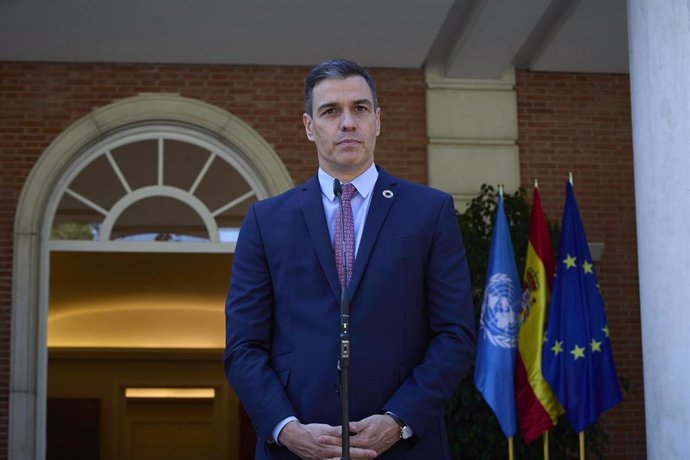 O presidente do Goberno, Pedro Sánchez, intervén nunha rolda de prensa posterior a unha reunión co secretario xeral das Nacións Unidas, 2 de xullo de 2021, no Palacio da Moncloa, Madrid. (España).  