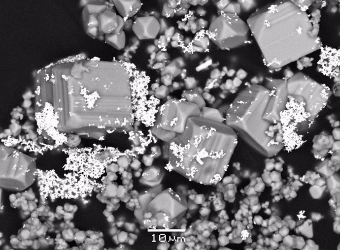 Microfotografía de microscopía electrónica de barrido que muestra micropartículas de oro (color brillante) depositadas con cristales de pirita de una solución hidrotermal en un experimento de laboratorio.