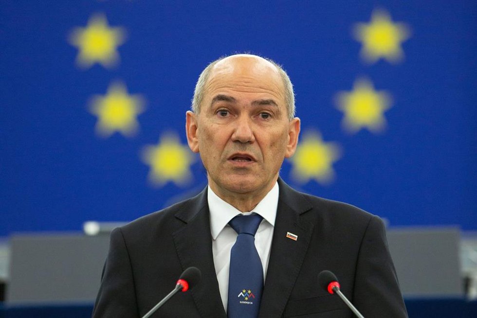 El primer ministro de Eslovenia, Janez Jansa, en un discurso en la Eurocámara