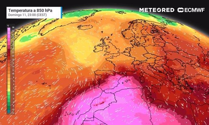 Episodios como el del próximo fin de semana podrían dar lugar pronto a registros de 50 C en España. En el mapa, temperaturas previstas a unos 1500 metros de altitud.