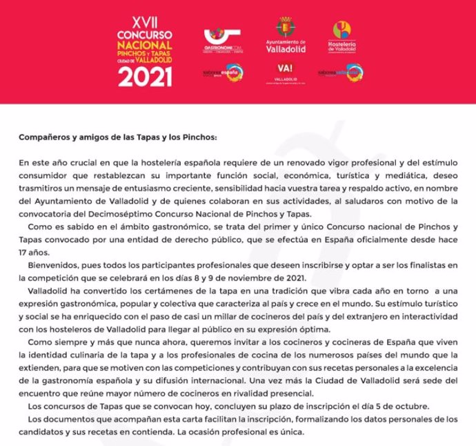 Carta del alcalde de Valladolid, Óscar Puente, por la que se abre la convocatoria para la XVII edición, que se celebrará en noviembre.