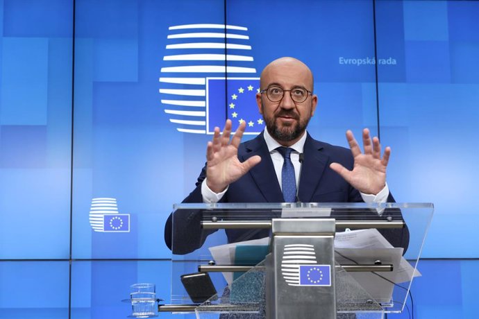 HANDOUT - 25 June 2021, Belgium, Brussels: President of the European Council Charles Michel speaks during a press conference after a two-days European Union summit at the European Council. Photo: Dario Pignatelli/European Council/dpa - ATTENTION: editor