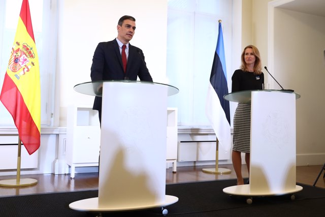 Sanchez, durante la rueda de prensa con la primera ministra de Estonia 