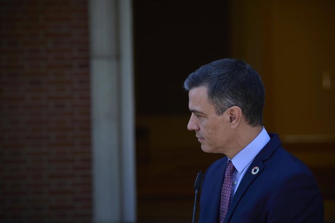 El presidente del Gobierno, Pedro Sánchez, interviene en una rueda de prensa posterior a una reunión con el secretario general de las Naciones Unidas, 2 de julio de 2021, en el Palacio de La Moncloa, Madrid. (España). 