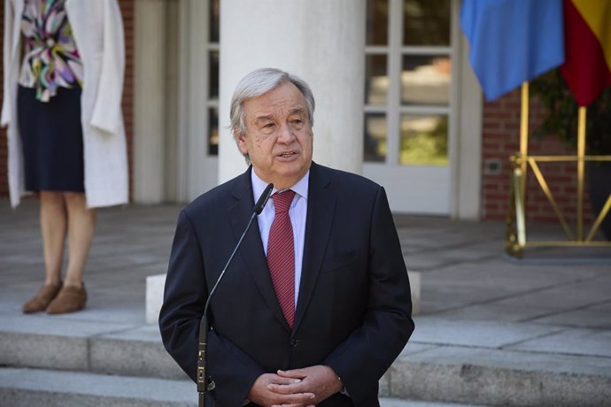 El secretario general de Naciones Unidas, Antonio Guterres, interviene en una rueda de prensa posterior a una reunión con el presidente del Gobierno, 2 de julio de 2021, en el Palacio de La Moncloa, Madrid. (España). El encuentro entre ambos mandatarios