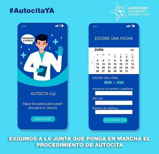 Cartel de JSE-CyL para reclamar un sistema de autocitas para la vacunación de menores de 30 en Castilla y León.