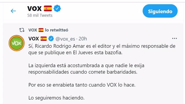 Tuit de Vox sobre el editor de 'El Jueves'