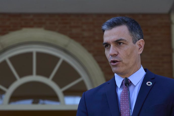 El presidente del Gobierno, Pedro Sánchez, interviene en una rueda de prensa posterior a una reunión con el secretario general de las Naciones Unidas, 2 de julio de 2021, en el Palacio de La Moncloa, Madrid. (España). El encuentro entre ambos mandatario