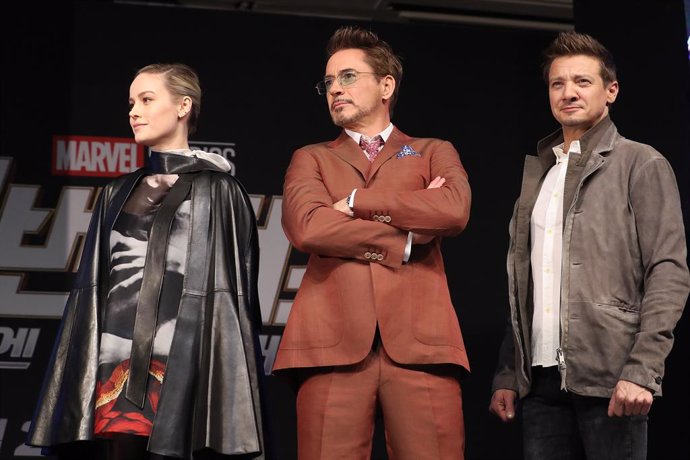 Archivo - 15 April 2019, South Korea, Seoul: American actress Brie Larson (L-R), American actor Robert Downey, Jr and American actor Jeremy Renner attend a press conference on the new Avengers movie titled 'Avengers: End Game'. Photo: -/YNA/dpa