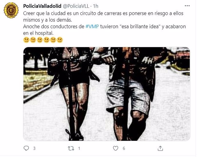 Tuit de la Policía Municipal de Valladolid sobre el accidente de dos jóvenes en patinete.