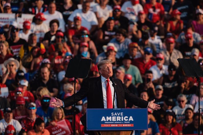 26 June 2021, US, Wellington: Former US President Donald Trump speaks during his first Save America Rally held at the Lorain County Fairgrounds. Photo: Andrew Dolph/ZUMA Wire/dpa