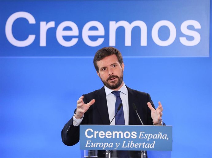 El presidente nacional del Partido Popular, Pablo Casado, interviene en el curso España, Europa y libertad, a 6 de julio de 2021, en El Escorial, Madrid, (España). 