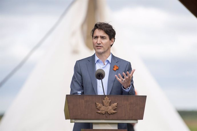 06 July 2021, Canada, Cowessess First Nation: Canadian Prime Minister Justin Trudeau speaks during a ceremony celebrating the signing of a transfer of control over children in care to the community, in Cowessess First Nation, Saskatchewan. Cowessess is 