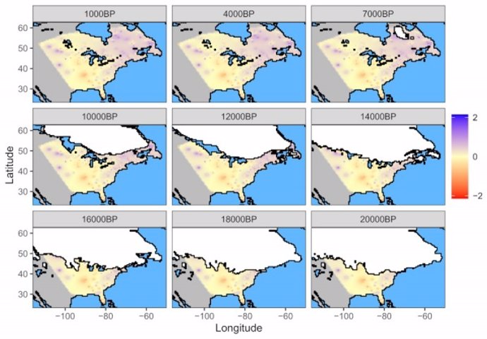 Mapa en el que se puede observar como ha cambiado la capa de hielo y las relaciones filogenéticas de las formaciones vegetales en Norte América desde el Último Máximo Glacial (hace 22.000 años) hasta la actualidad.