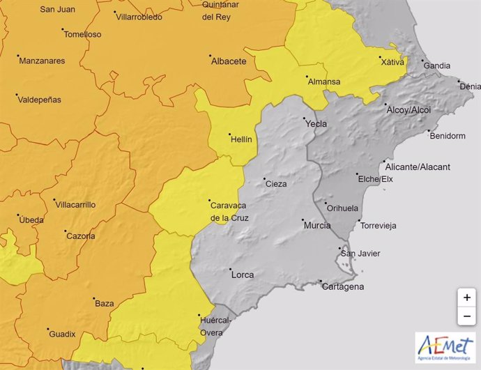 Mapa de avisos activos en la Región de Murcia el domingo