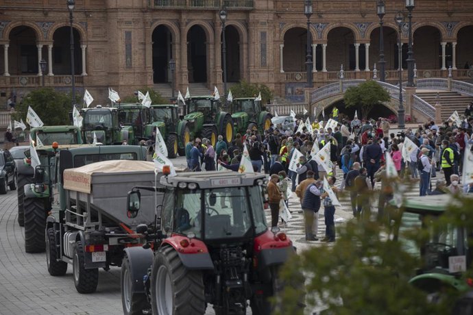 Archivo - Asaja-Sevilla, COAG Sevilla, UPA Sevilla y Cooperativas Agro-alimentarias de Sevilla celebran una concentración-tractorada en defensa del futuro del campo, en contra de la convergencia brusca de la PAC y por una PAC justa para los agricultores