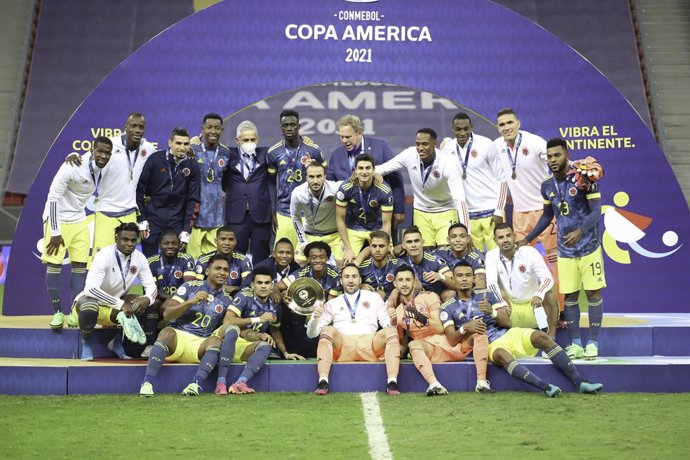 09 July 2021, Brazil, Brasilia: Colombian players celebrate after winning 3rd place during the CONMEBOL Copa America after their soccer match against Peru at Mane Garrincha stadium. Photo: Leco Viana/TheNEWS2 via ZUMA Wire/dpa